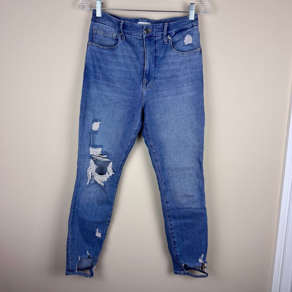 Good‎ American Good Waist Distressed High Rise Medium Wash Skinny Jeans 6/28